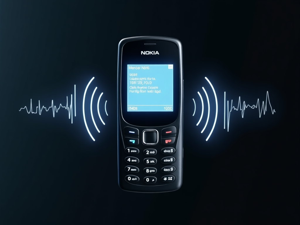 Teléfono móvil Nokia clásico de la era 2G mostrando una pantalla con mensajes SMS