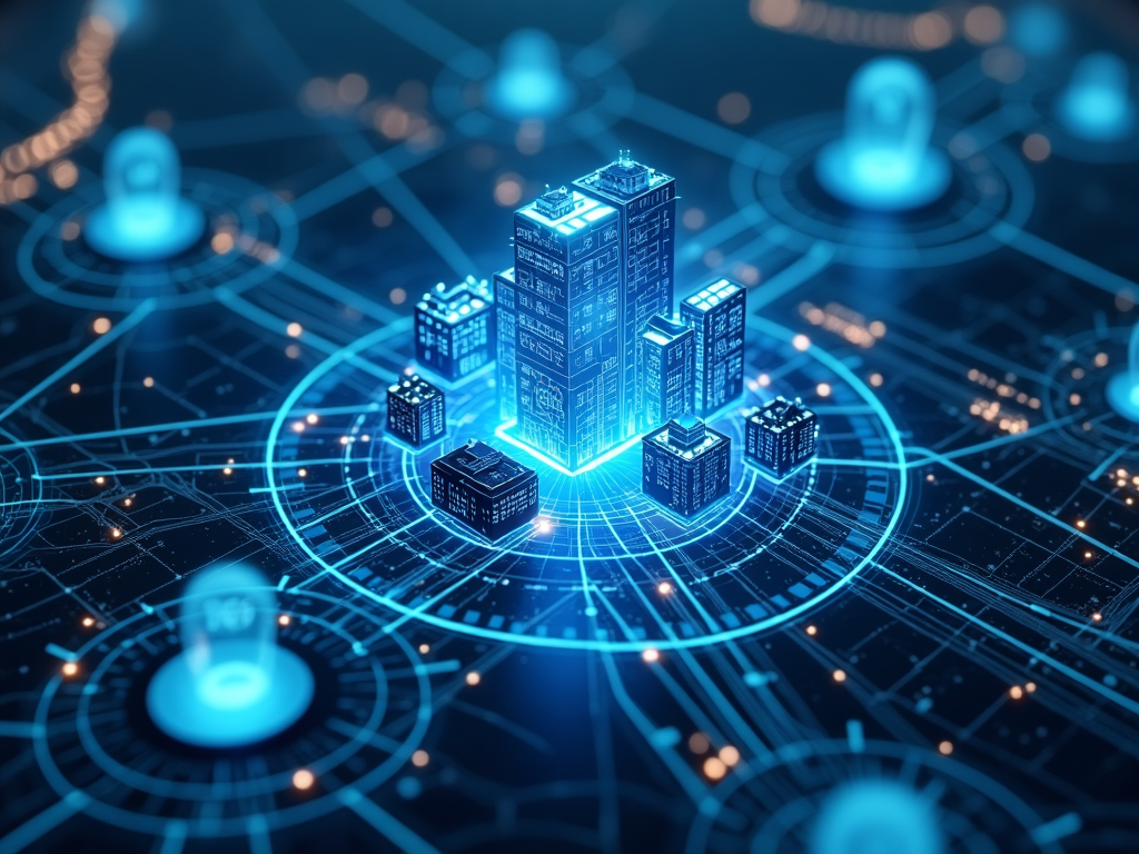 Visualización futurista de una ciudad inteligente conectada mediante tecnología 5G con múltiples dispositivos interconectados